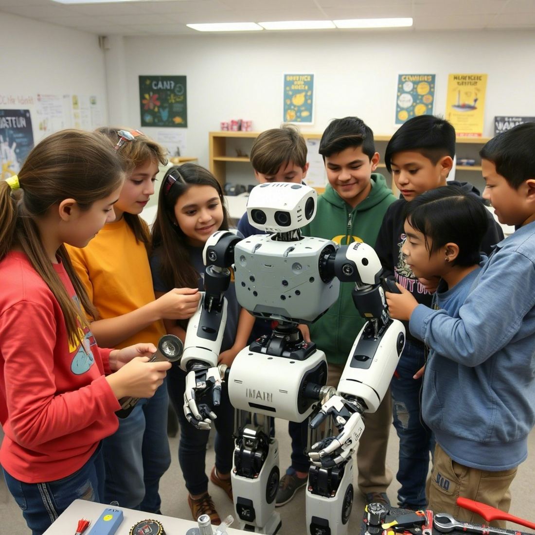 Children gathered around a robot in a classroom