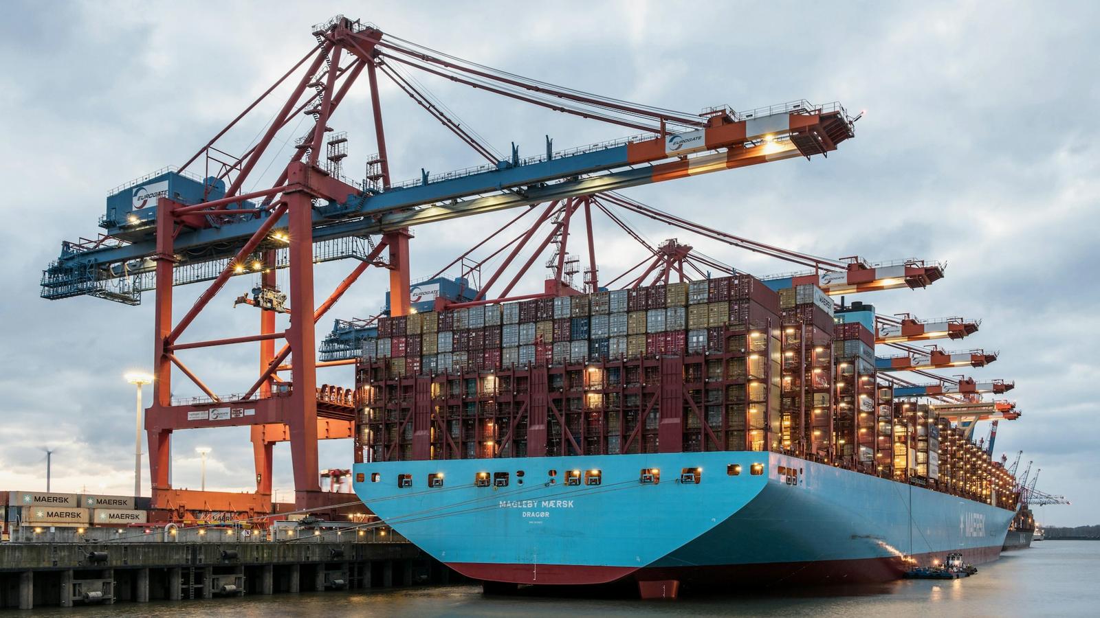 Container ship berthed under the terminal’s cranes
